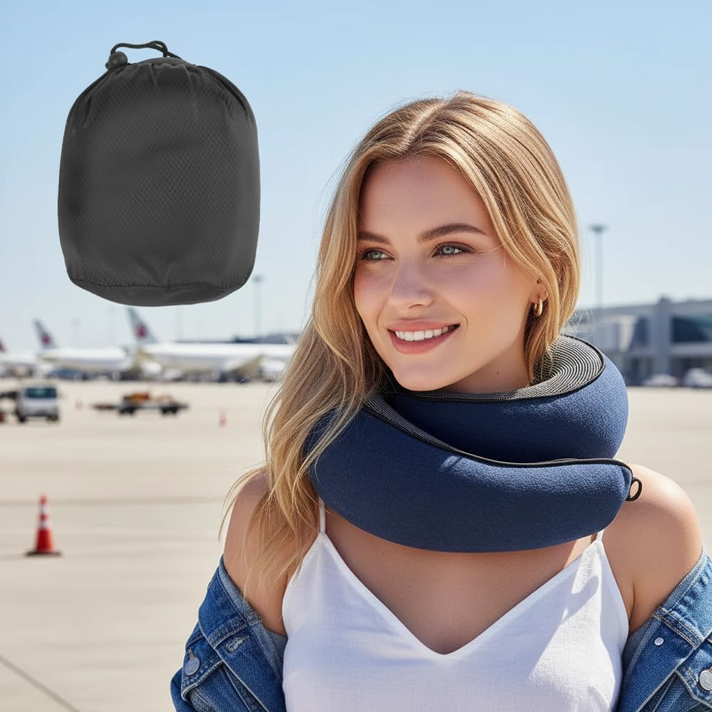 Oramo Travel Neck Pillow Memory Foam Travel Set with Eye Mask, Ear Plugs & Bag for Long Haul Flights, Car, Train, Office Adults & Kids. Zipper Makes It Easy to Clean.