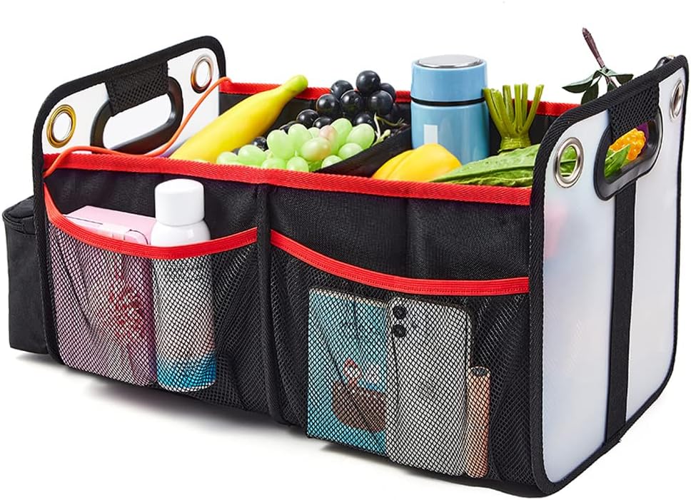 COVAX Car Trunk Organizer, Collapsible Back Seat Storage with Insulated Drinks Holder, Water Resistant Backseat Organizer for Diapers, Toys, Snacks, Books & More