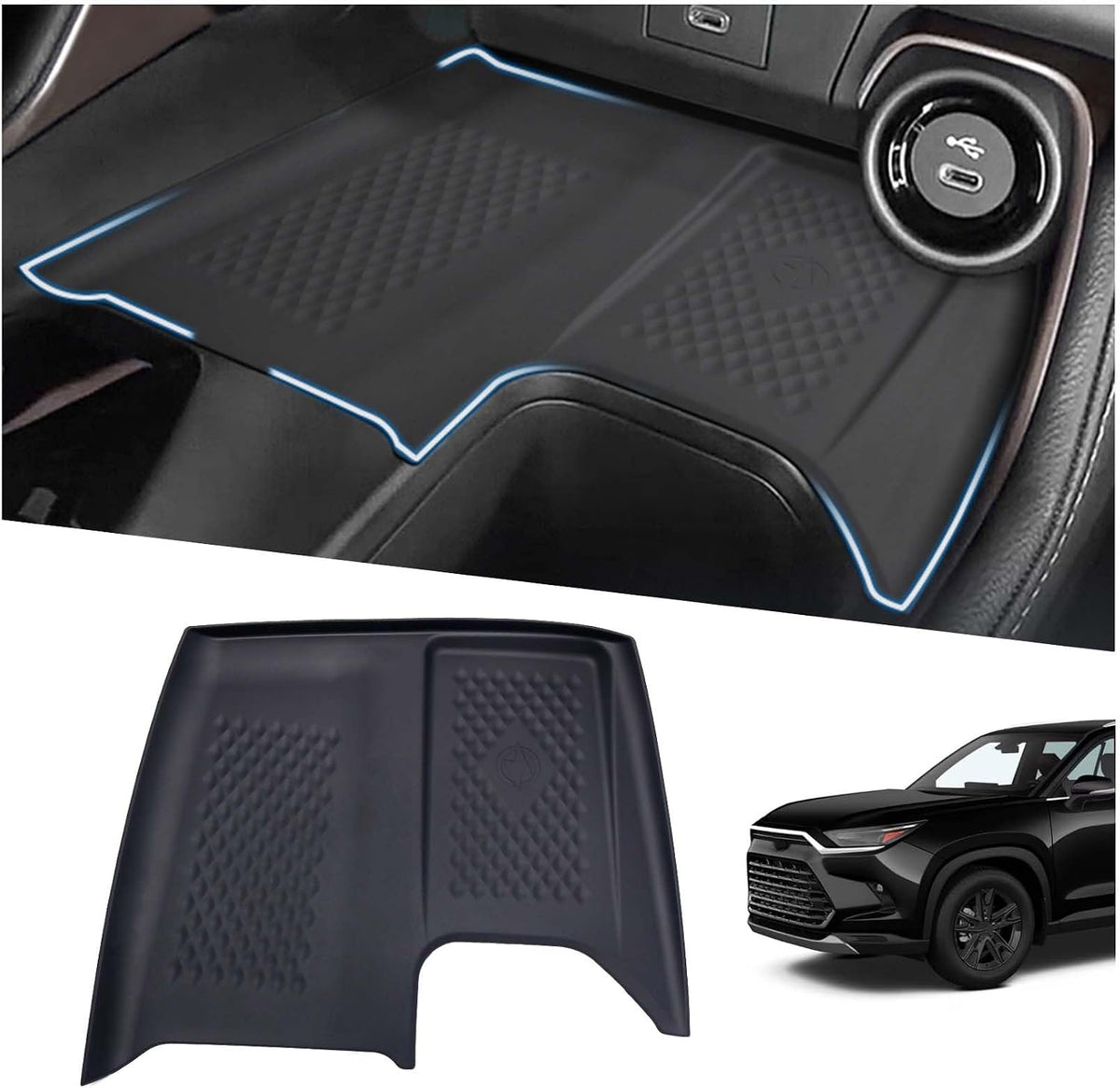 Center Console Organizer & Cup Holder Insert for 2026 2025 2024 Toyota Grand Highlander Accessories, Silicone Anti-Slip Protector Mat to Prevent Spills (Black)