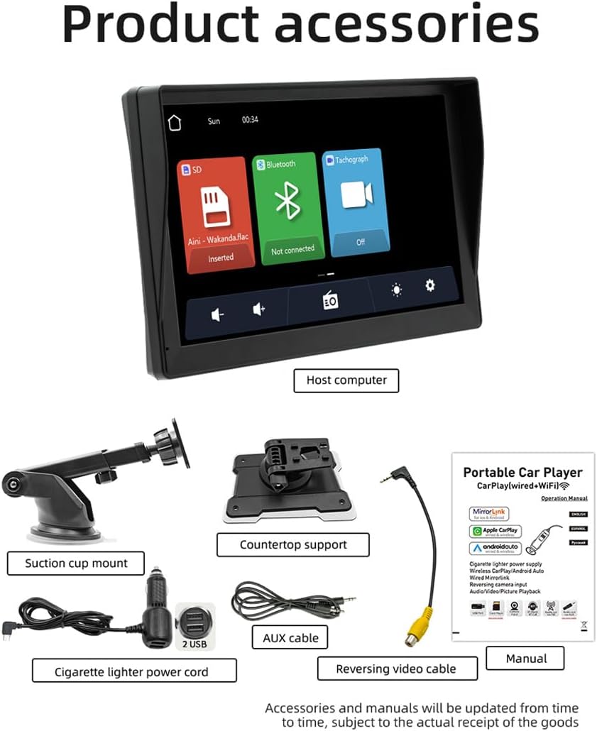 9" Wireless Carplay Screen for Car, Portable Car Play Screen with Carplay & Android Auto,Dash Cam, Mirror Link, Bluetooth, FM Transmitter