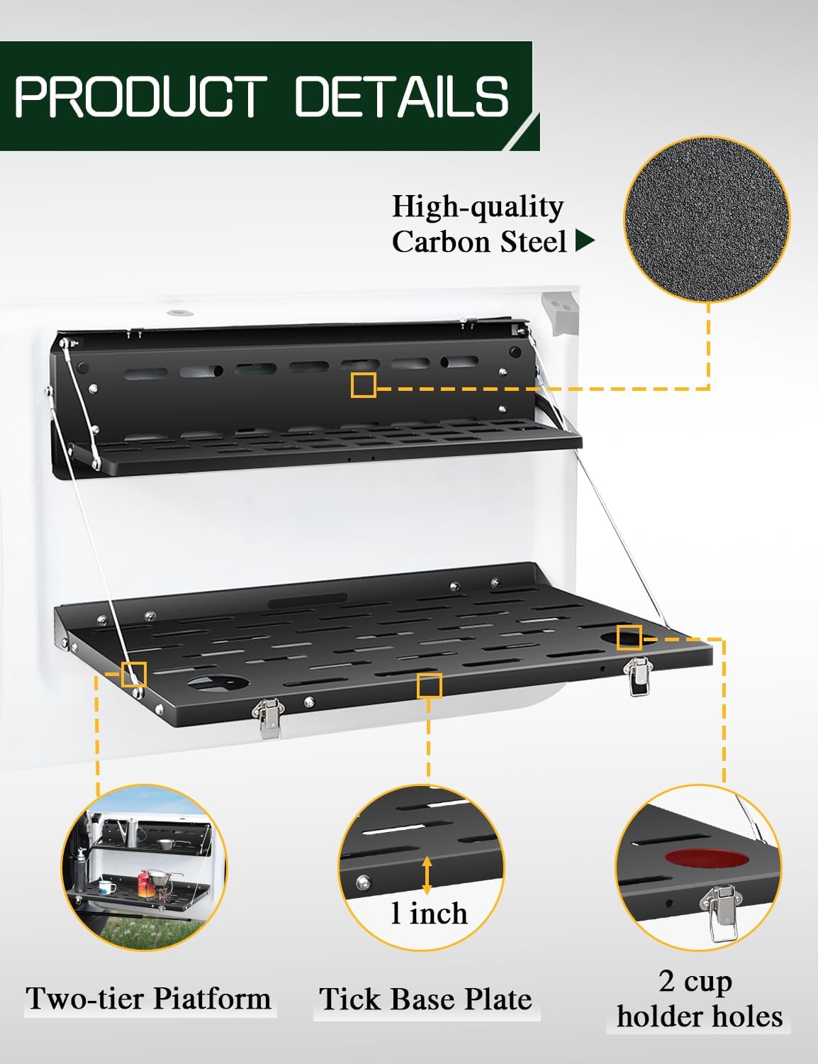 JROAD Bronco Double Layer Tailgate Table for 2021 2022 2023 2024 2025 2026 Ford Bronco 2/4 Door Rear Foldable Cargo Shelf Storage Shelf MOLLE Panel Bronco Accessories