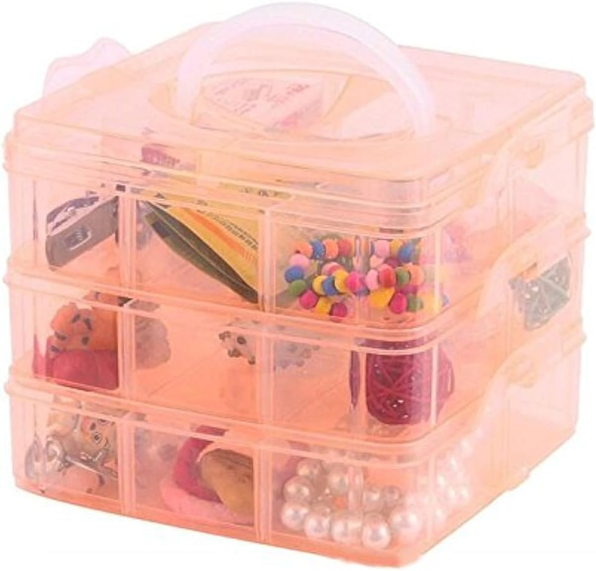 Kamay's 3-Tier Transparent Stackable Adjustable Compartment Slot Plastic Craft Storage Box Organizer for Toy Desktop Jewelry Accessory or Kitchen (3-Tier 18 Sections M White)