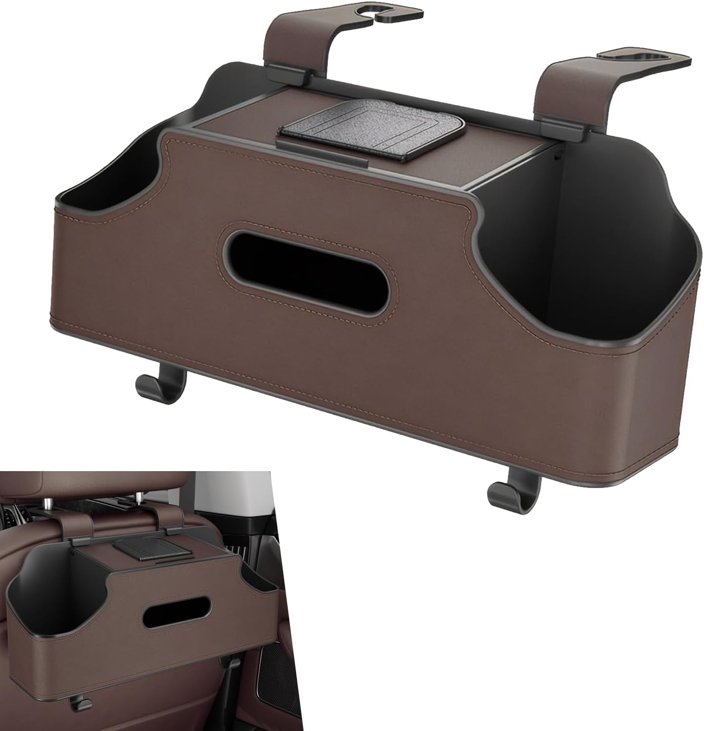 Car Seatback Organizer with Cup Holder, Leather Headseat Tissue Box and Storage Box, Multifunction Auto Rear-mounted Mobile Phone Holder, for Most Cars (Black)