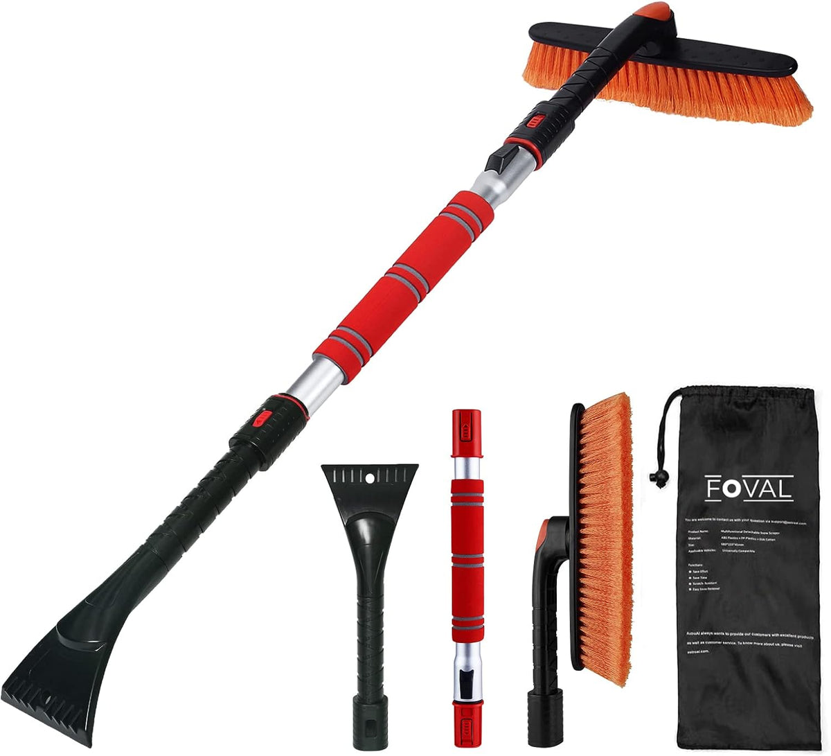 FOVAL 62.4" Extendable Ice Scraper Snow Brush with Squeegee for Windshield Window Car Trucks SUVs, 270° Pivoting Brush Head, Essential Winter Tool Ice Snow Remover with Comfortable Foam Grip