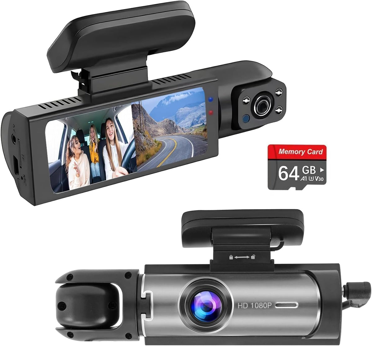 Dashcam Front and Inside,Car Camera Dash Cam for Cars,Driving Recorder with IR Night Vision,Loop Recording,Wide Angle Lens,3.16 Inch IPS Screen,Parking Mode (Dark)