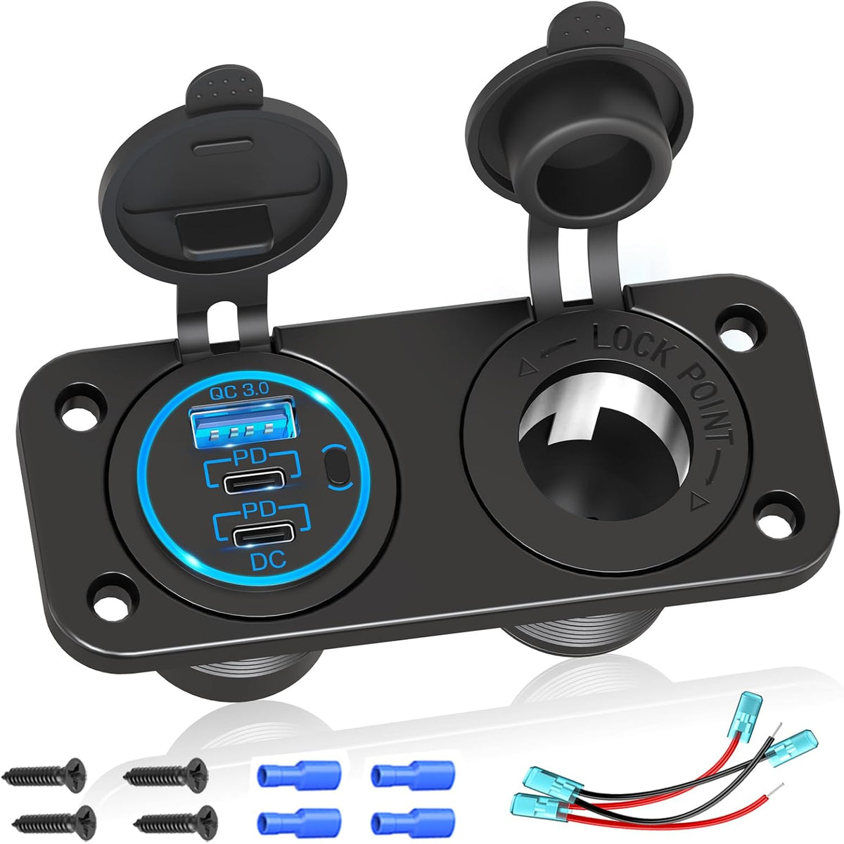 Cigarette Lighter Socket 12 Volt USB Outlet: PD 20W C and QC3.0 Car Port Aluminum Metal 12V Plug, 150W Charger Panel with Power Switch LED Voltmeter for Marine Boat RV Golf Cart