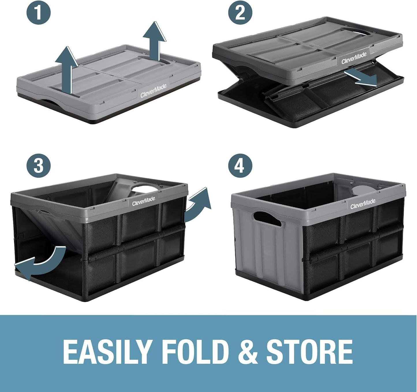 CleverMade Collapsible Storage Bins, 32L 3 Pack, Durable Plastic, Obsidian | Built-in handles simplify garage, car and household organization, while the roomy open-top keeps bulky supplies accessible