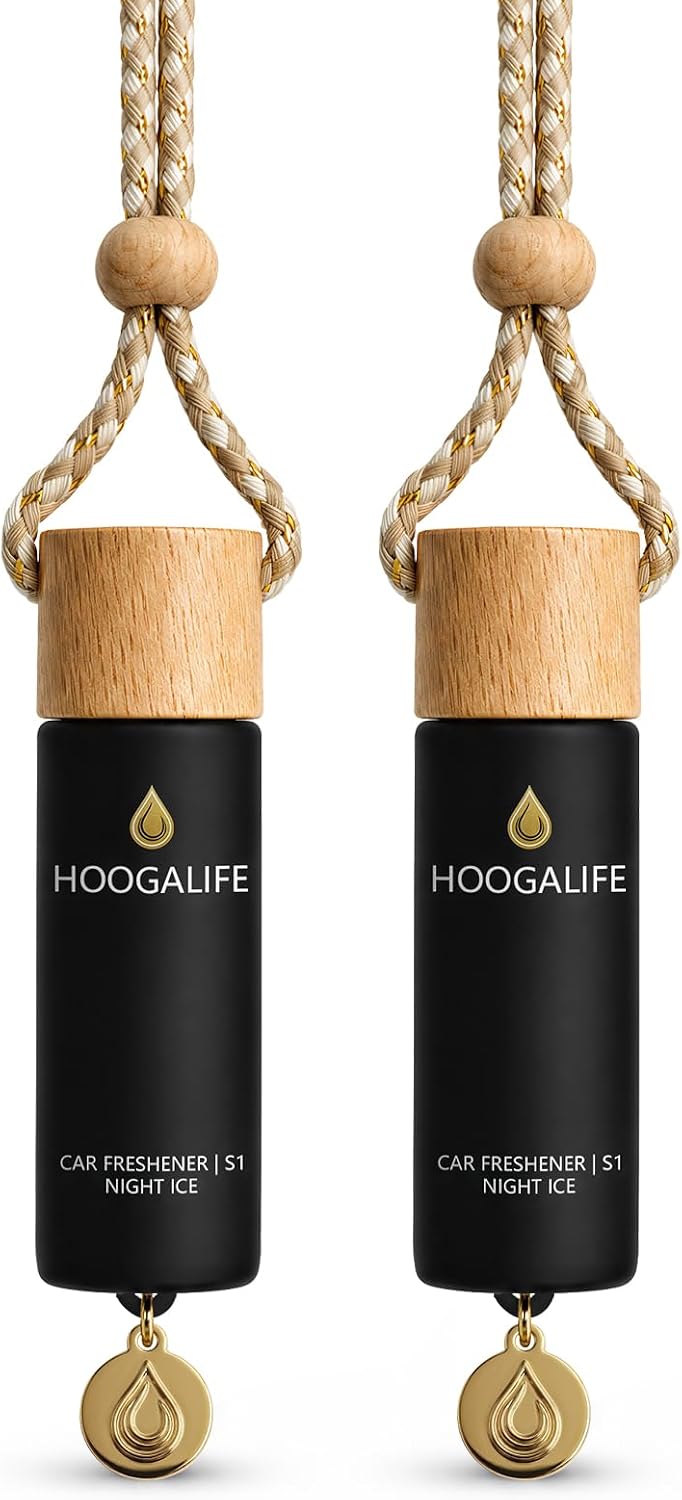 HOOGALIFE Car Air Freshener 2 Pack, Mahogany Teakwood Hanging Diffuser, 45+ Days Long Lasting Scent, Refillable Bottle, Odor Control for Auto Interior, Made in USA