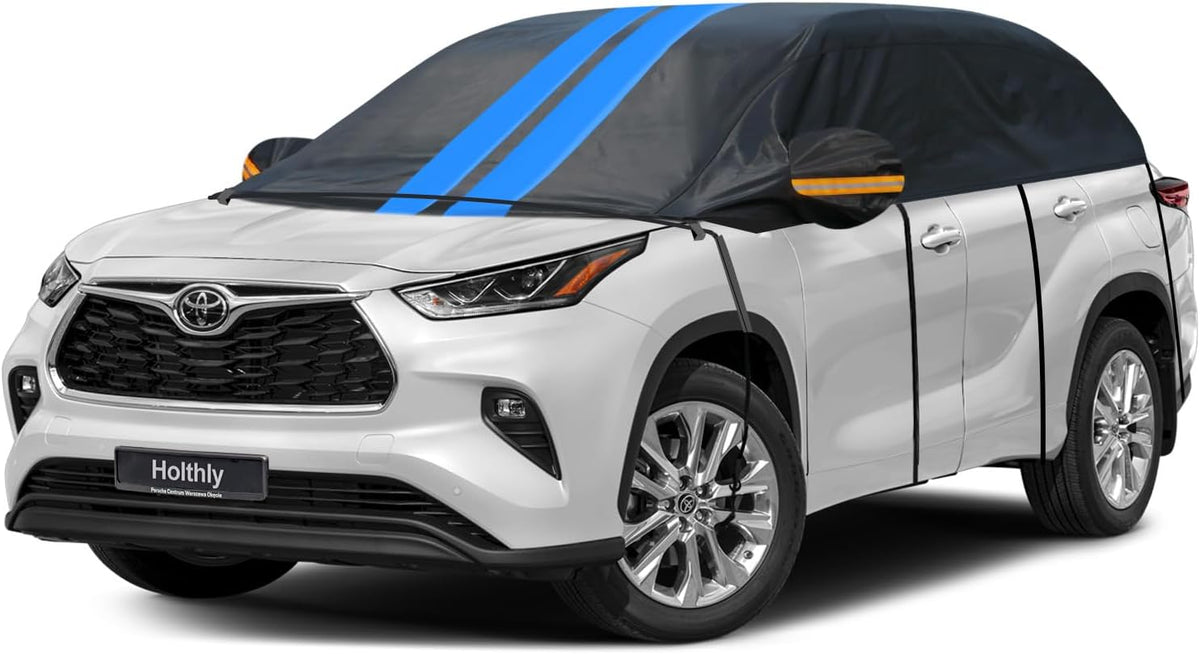 Half Car Cover Top for SUV/Jeep/4×4, Windshield Cover for Ice and Snow, Roof Car Cover Waterproof All Weather with Reflective Strips and Side Elastic Hooks. H4 (Up to 143 inch)