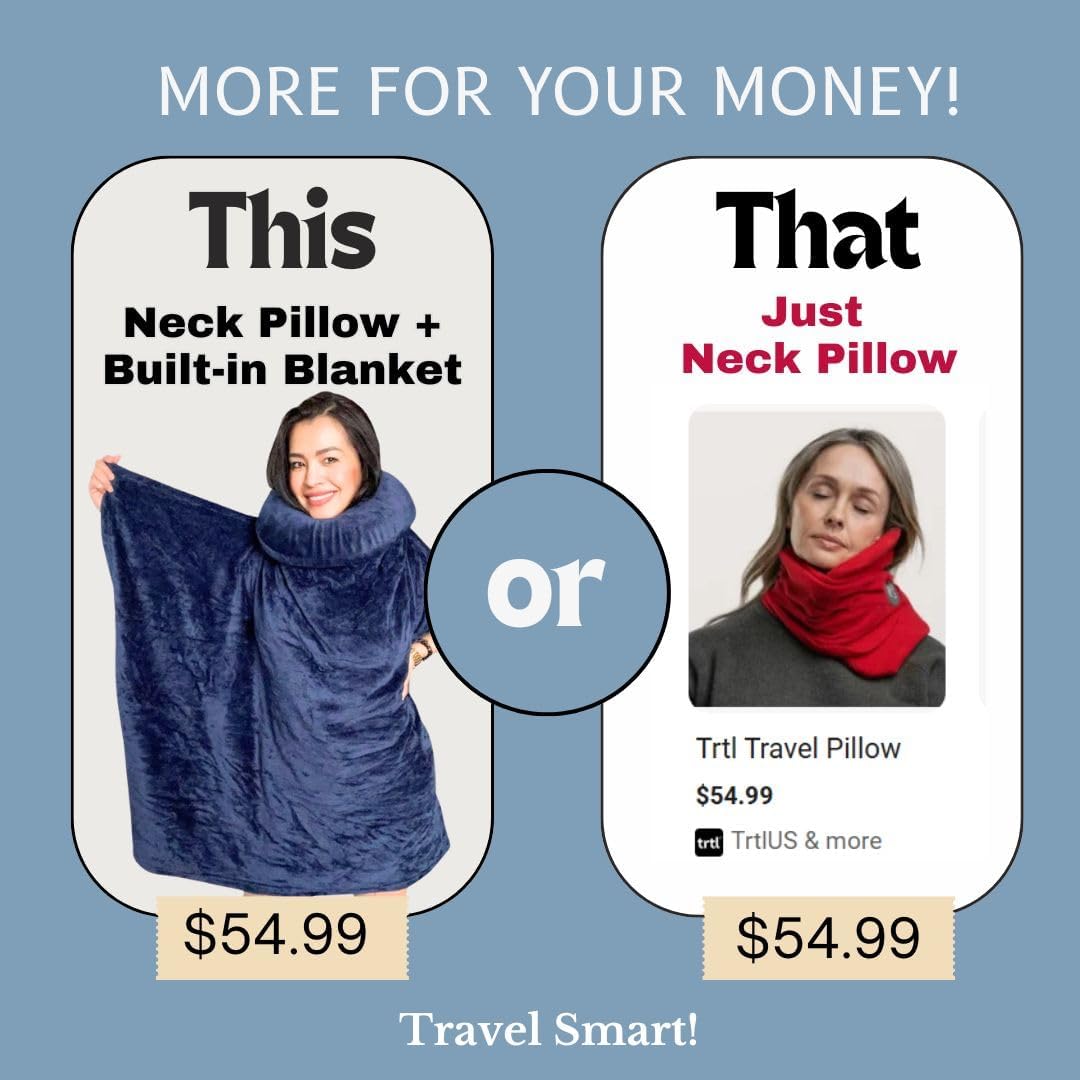 Travel Pillow with Built-In Blanket Memory Foam Neck Pillow for Airplane Travel, Flight Pillow with Blanket Portable Airplane Pillow for Adults Compact Travel Neck-Pillow for Plane, Car & Long Flights