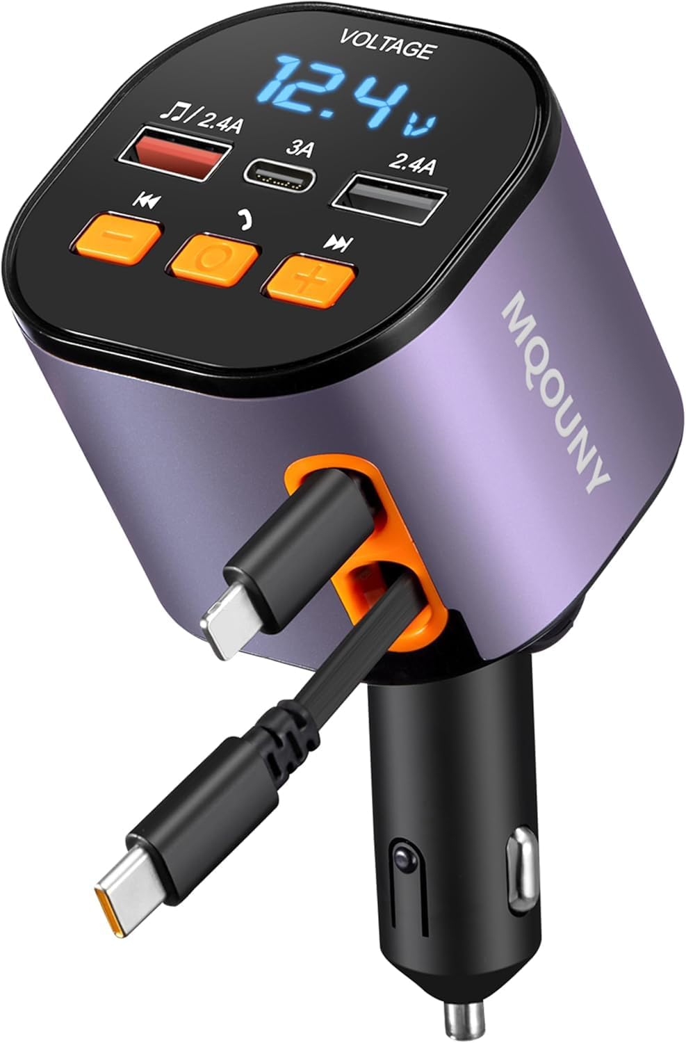 Retractable Car Charger,5 in 1 Fast Car Phone Charger 90W,Bluetooth 5.3 FM Transmitter Adapter,Handsfree Call,2 Retractable USB-C Cables and USB Cars Chargers for iPhone 16/15/14/13/12/11,Galaxy,Pixel