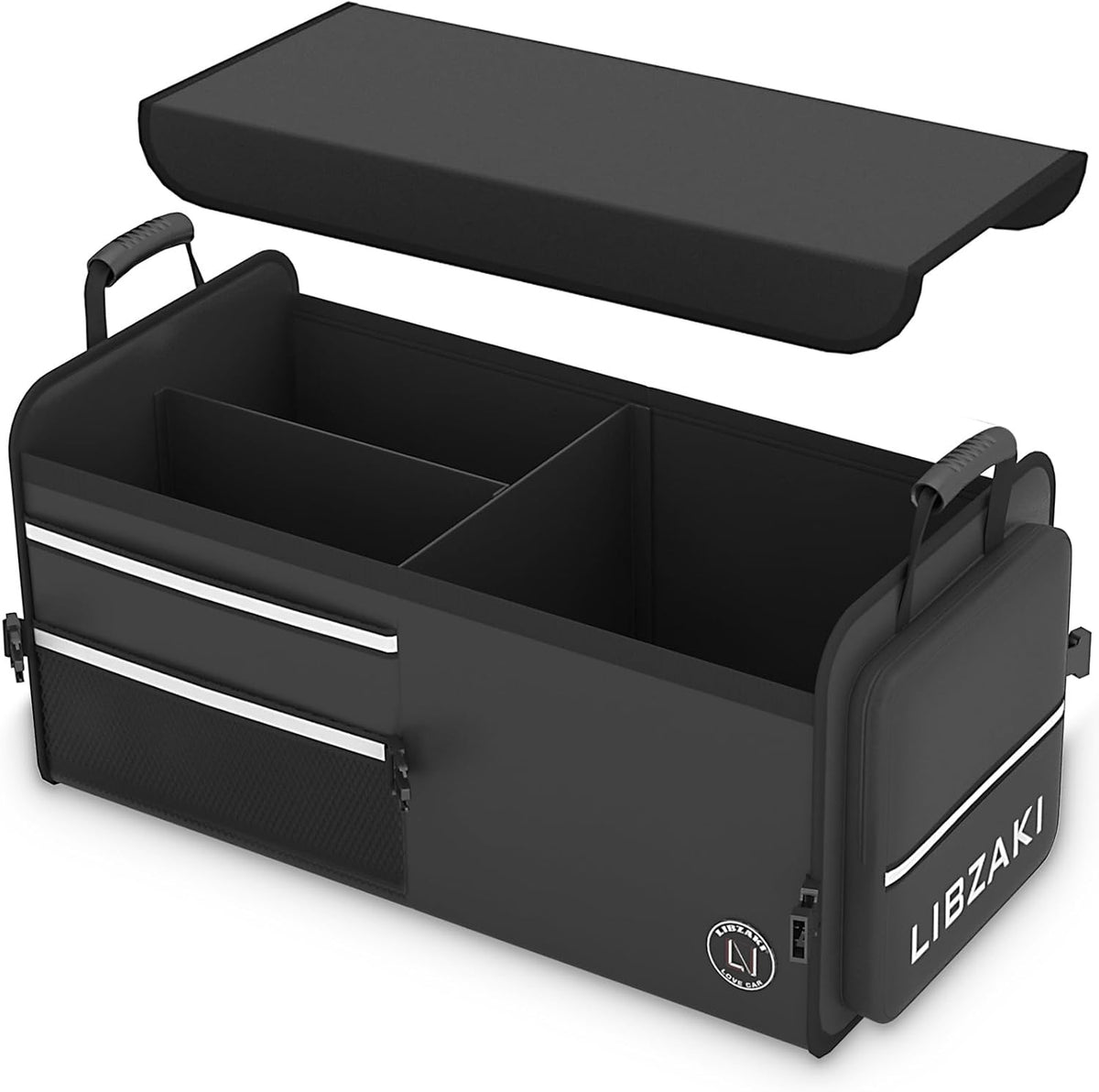 LIBZAKI Oversize 4 in 1 Car Trunk Storage Organizer, Multi Compartment Collapsible Trunk Storage Box with Cooler Bag for Car Truck SUV-Rose red