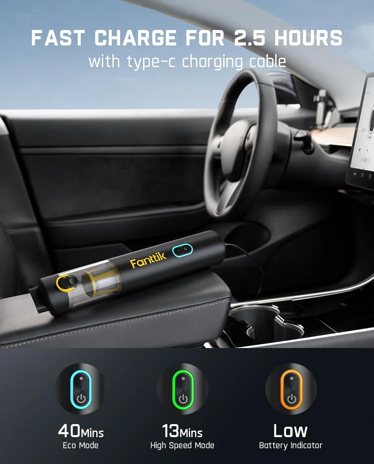 Fanttik Slim V8 APEX Car Vacuum, 4-in-1 Portable Mini Cordless Vacuum with 19000pa Suction Power for Pet Hair, Type-C Charge, One-Touch Empty for Car, Office Desk, Keyboards (Black)