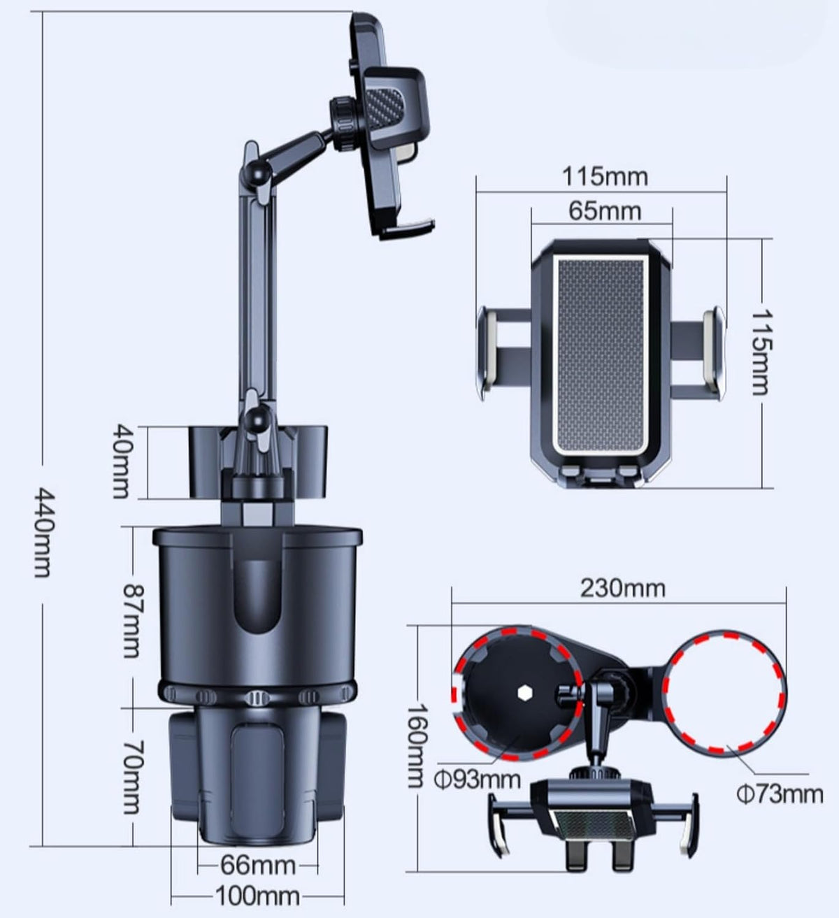 4 Styles Multifunctional Options Automatic Car Cup Holder/Tray/Phone Holder Expander,Adjustable Arms & Extendable Base Insert,360°rotation, Compatible with Phones and Most Bottles (phone-double cup)