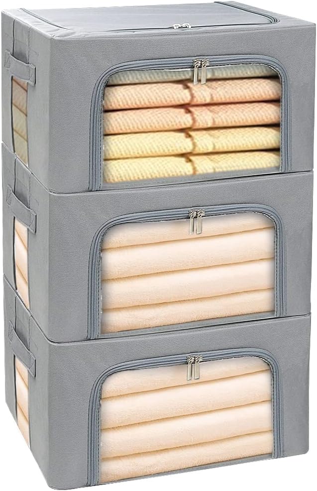 Clothes Storage Box Bins Stackable Foldable Organizer,Sturdy Handles with Metal Frame for Clothing Bedding Shelves,Closet Container with Clear Window Zipper and Label Holder (Gray, 66L x3 Pack)