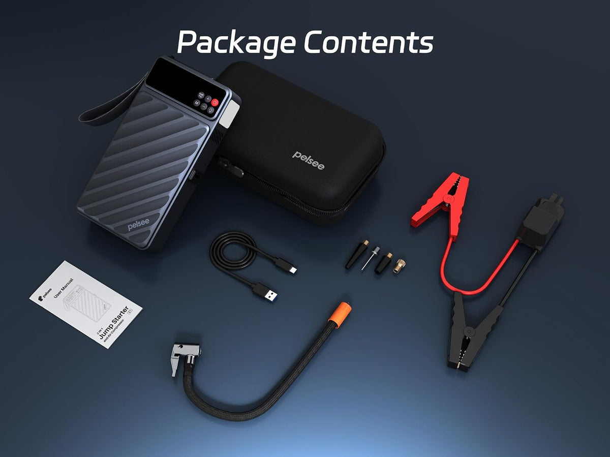 Pelsee 6000A Jump Starter with Air Compressor, Up to 10L Gas/8L Diesel Car Jump Box with 45W Fast Charge, Smart Tire Inflator & 800LM LED Light