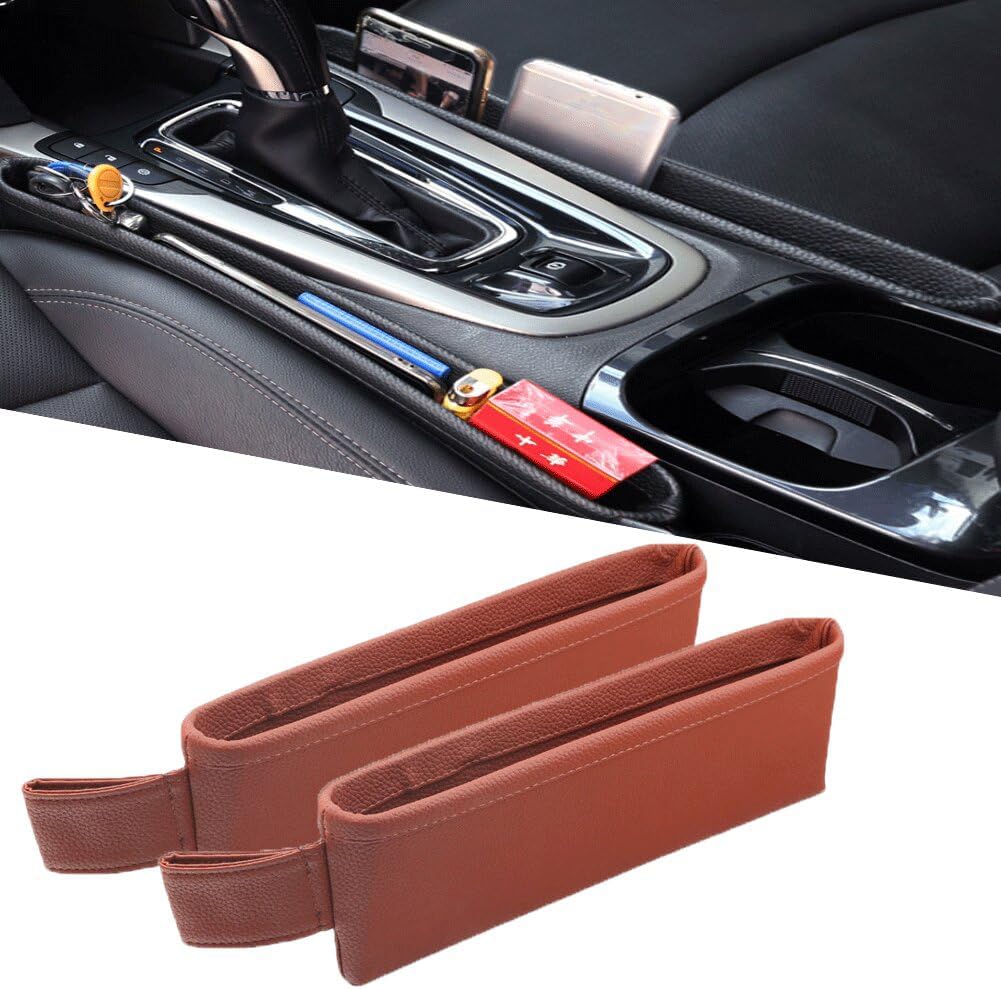 Tumecos Car Seat Pockets PU Leather Car Console Side Organizer Seat Catcher Holders Compatible with Phone Key Wallet Phone Sunglasses 2 Pack (Beige)