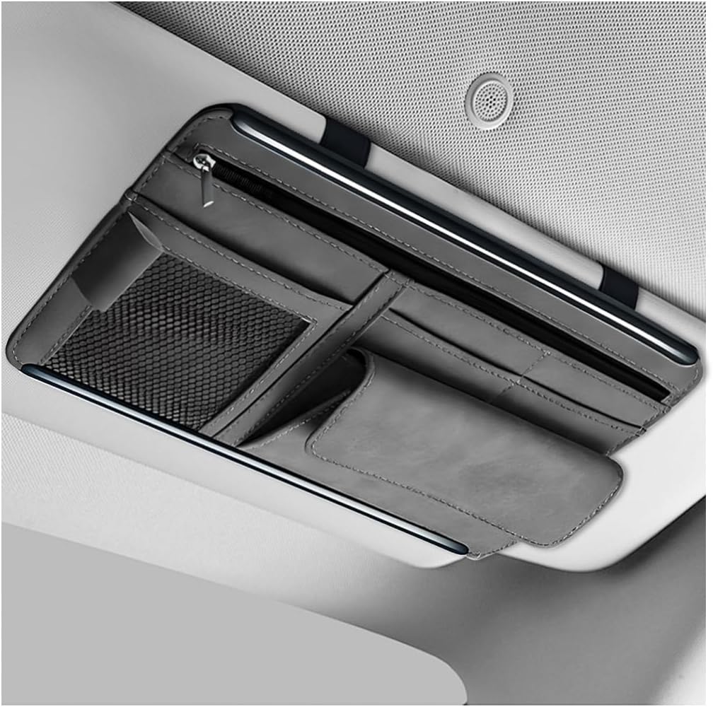 Car Sun Visor Organizer, Leather Sun Visor Pocket Organizer Case with Multi-Pocket Net Zipper, Suede Note Holder Car Visor Storage Pouch for Card Pen Sunglasses Document (Blue)