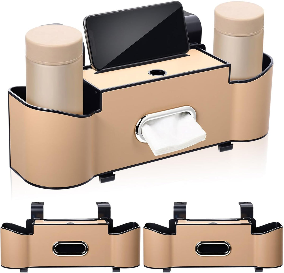LemonRoad 2 Pack Multifunctional Car Seat Back Storage Box Car Seat Back Organizer with Tissue Box, 2 Drinks Cup Holders and Hooks for Hold Phone, Handbag, Fits for Most Cars(Black)