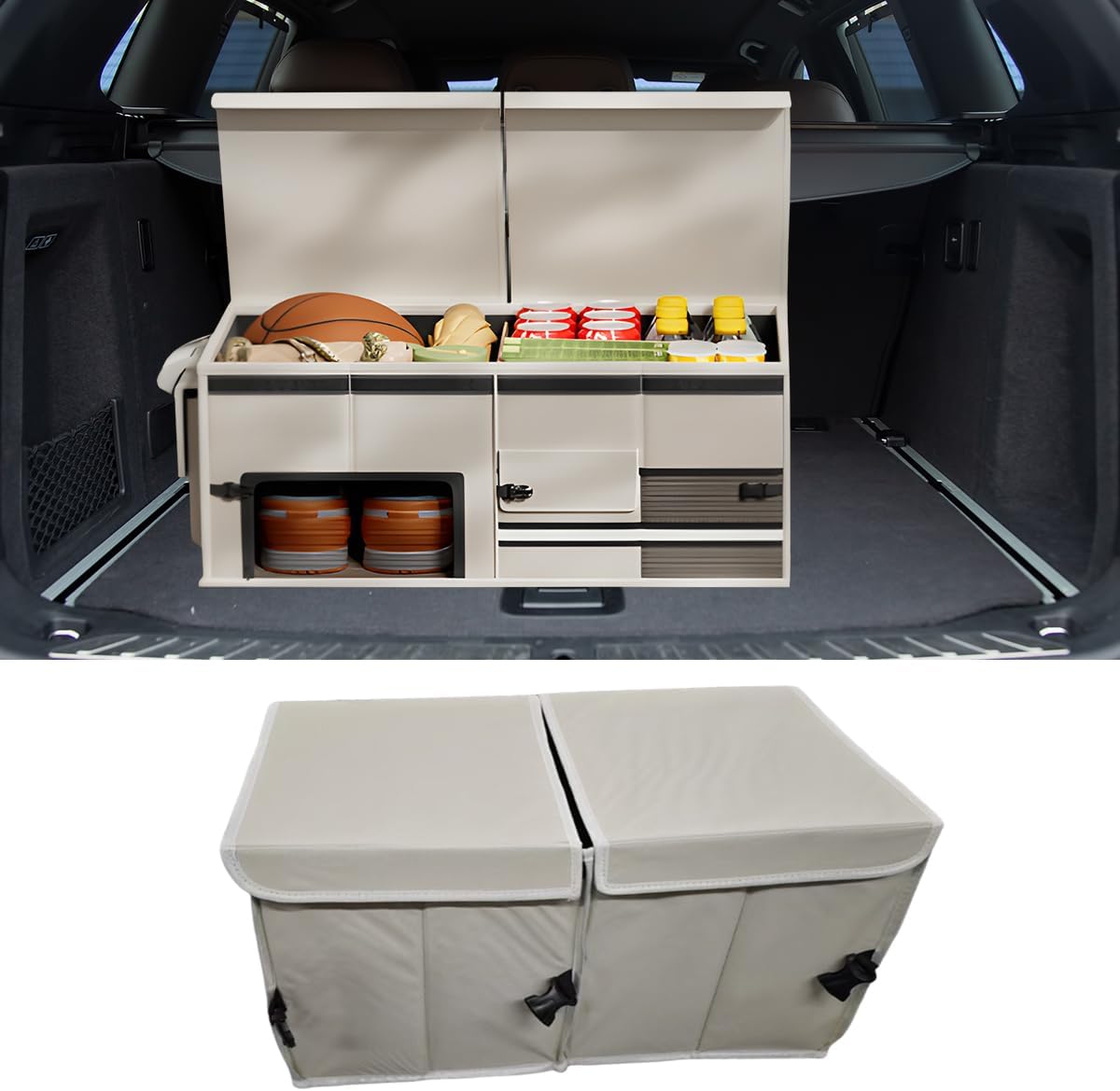 Car Trunk Organizer, Collapsible Multi Compartment Car Storage Box with Lid & Reinforced Handles, Adjustable Waterproof Storage Organizer Accessories for SUVs Cars Trucks (Black)
