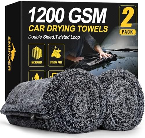 SMINDER 2-Pack 1200 GSM Car Drying Towels – Microfiber Towels for Cars (36" x 24"), Ultra-Absorbent, Streak-Free, Scratch-Free, No Water Spots, Double-Twist Pile & Edgeless Design