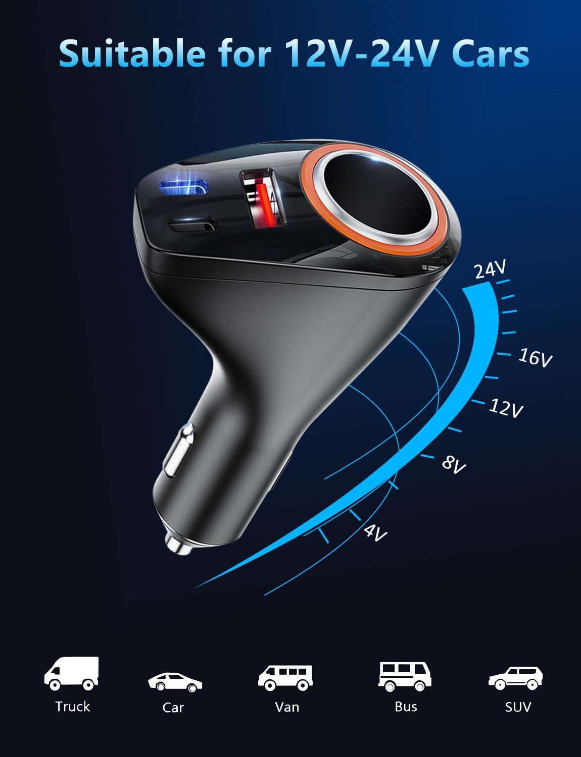 4 in 1 USB C Car Charger, 170W Multi USB Cigarette Lighter Adapter
