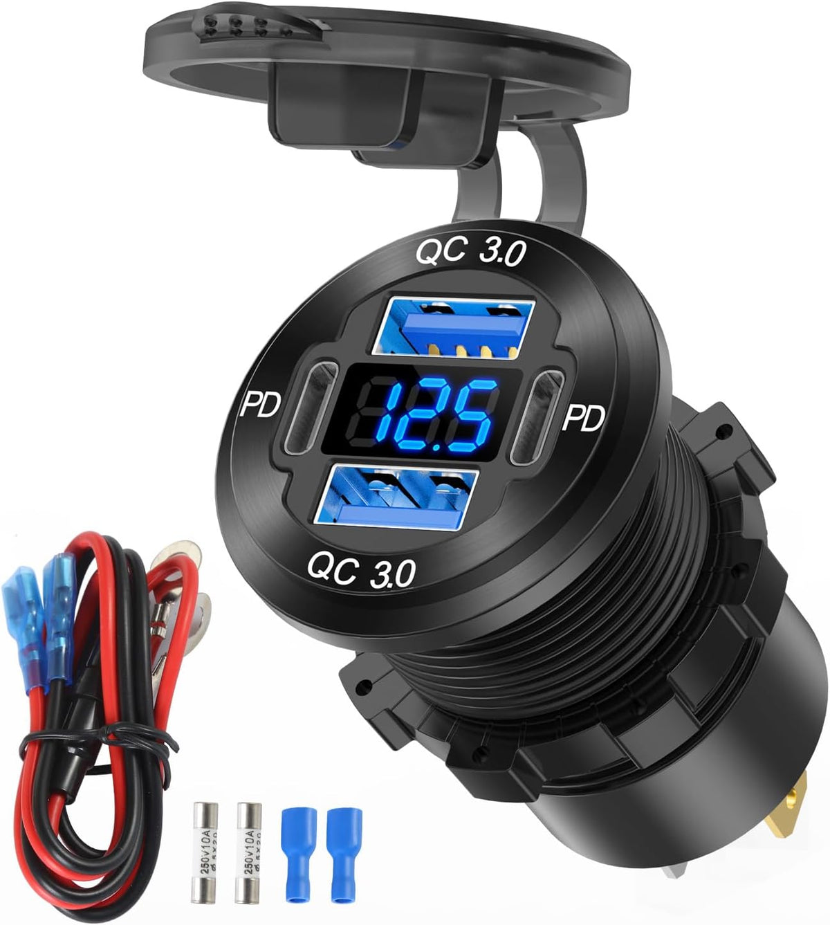 2 Pack 12V USB Outlet 4 Port Car Charger Socket, 78W Dual PD USB C and Dual Quick Charge 3.0 Port Aluminum Charger with Voltmeter DIY Kit Waterproof for Car Boat Marine Motorcycle RV ATV Truck, etc
