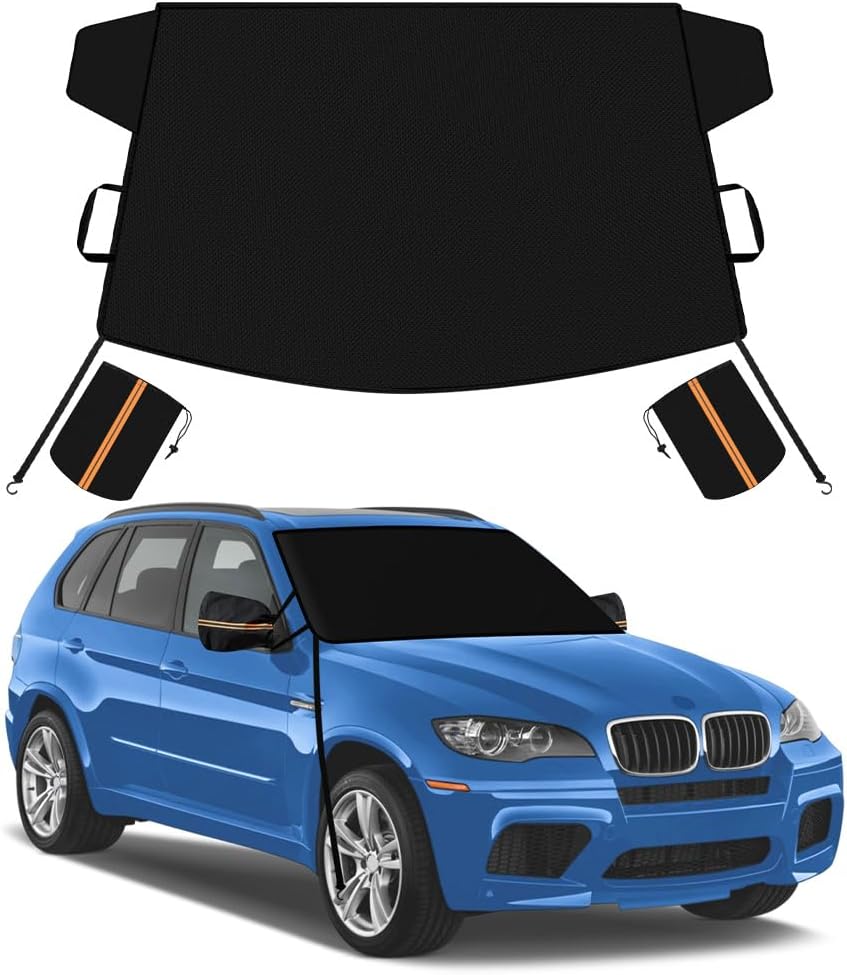 METOWARE 600D Windshield Cover - Heavy Duty All-Weather Sun Shade & Snow Frost Guard, UV Protector, Waterproof Windshield Protector with Mirror Covers for Cars, Sedans, Compact SUVs (69"x42")