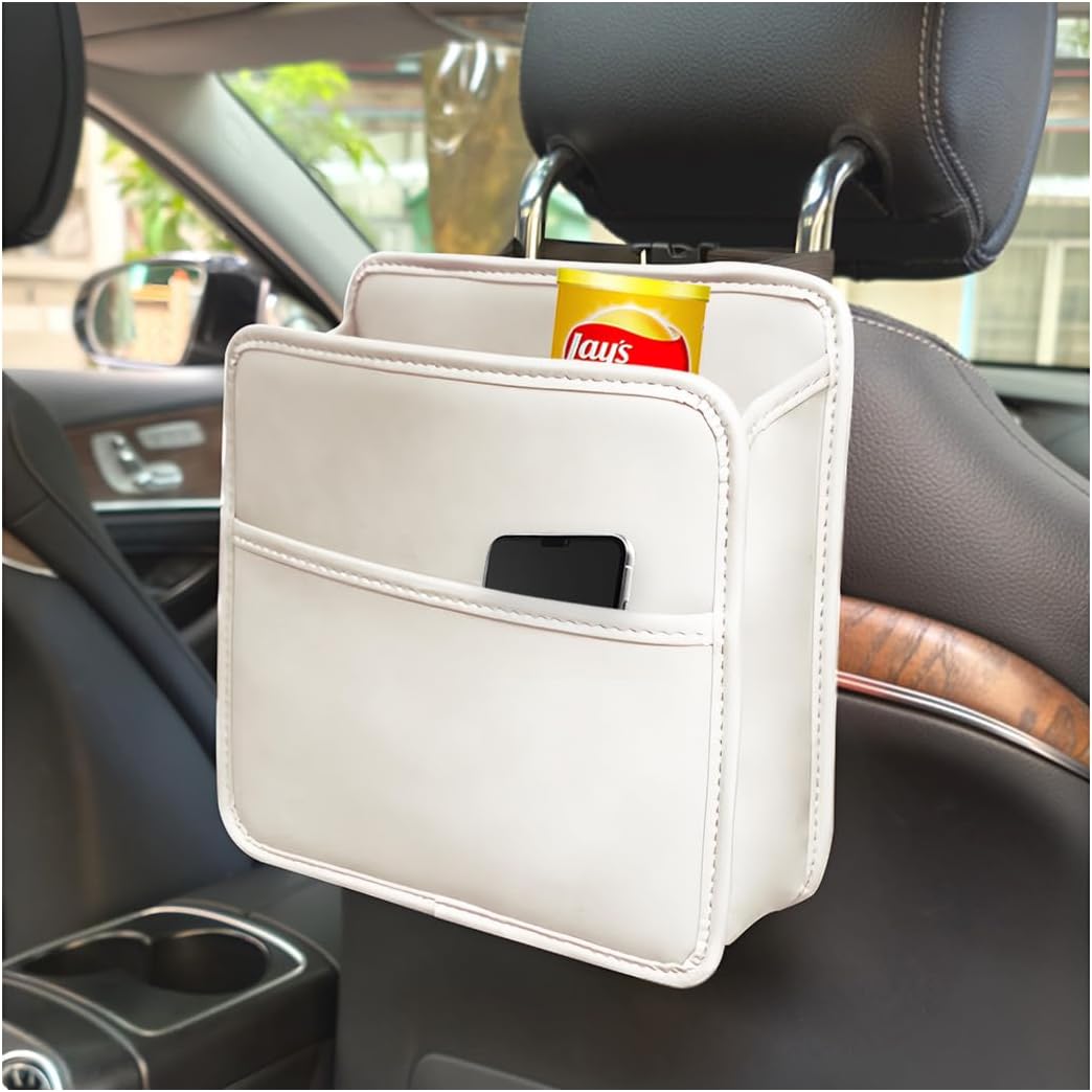 Zpana Car Seat Back Organizer, Leather Multipurpose Hanging Vehicle Backseat Headrest Storage Bag, Automotive Pouch Pocket Organizer for Kids & Adults, Universal for Truck SUV Sedan (Black)