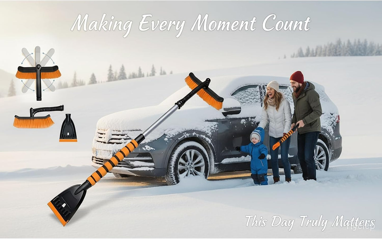 Snow Brush and Ice Scrapers for Car Windshield, 360° Pivoting Brush Head Detachable Snow Scrapers with Ergonomic Foam Grip;36inch Extendable Snow Brushs for Car,SUV and truck,Orange,Car Accessories