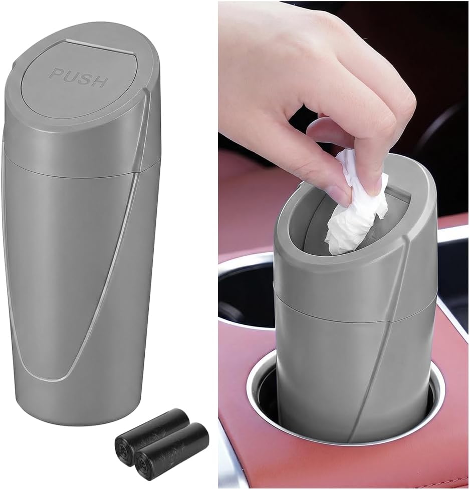 Car Trash Bin with Lid, Leak-Proof Portable Vehicle Cup Holder Garbage Can Dustbin with 2 Roll Trash Bags, Auto Interior Cup Holder Trash Bin Storage Organizer, Universal Fit (Black)