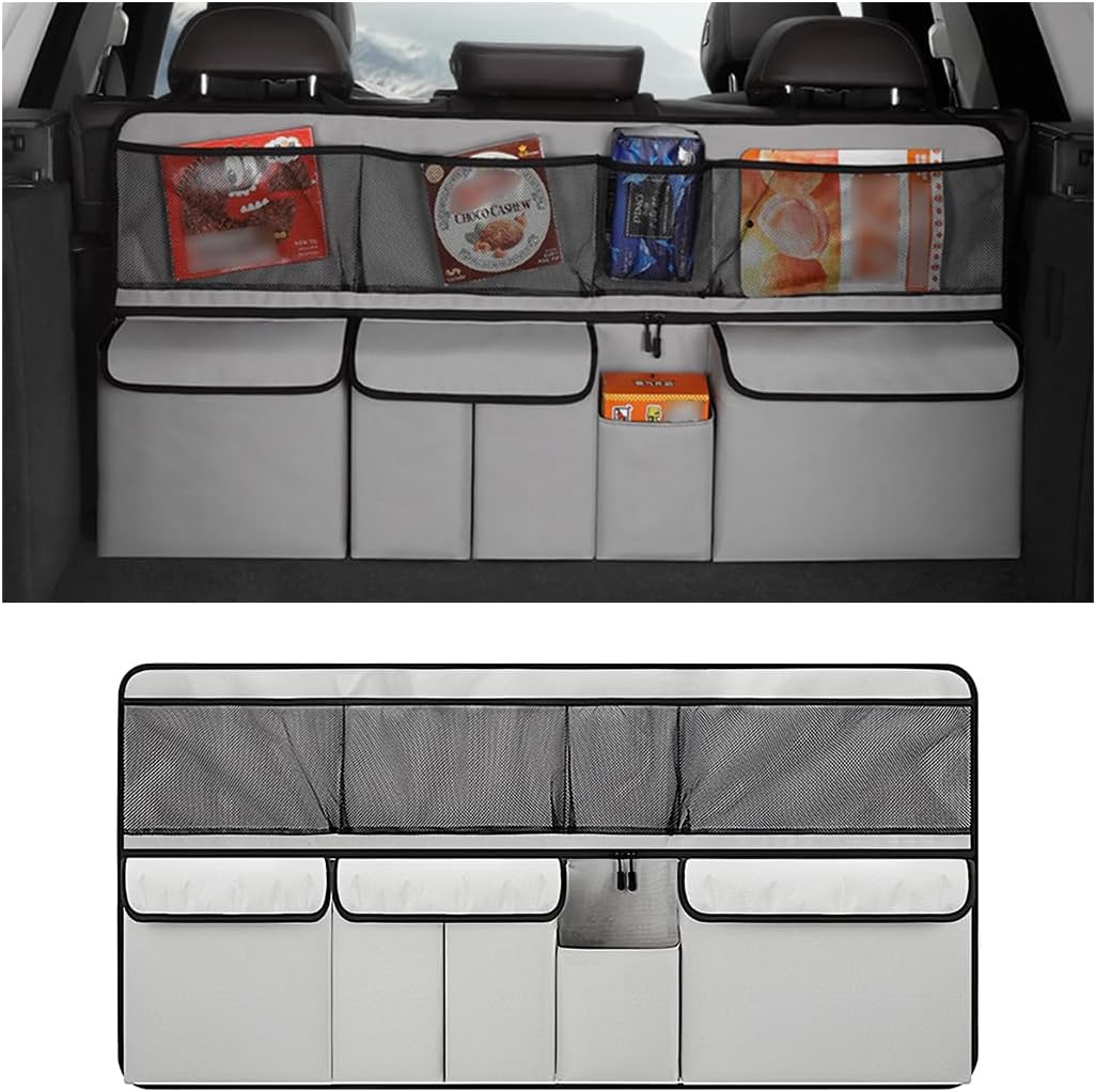 Mandark Car Trunk Organizer, Detachable Vehicle Seatback Hanging Storage Container with Zippers, Large Capacity Waterproof Auto Seat Back Trunk Bag Accessories, Universal for Most Vehicles (Gray)