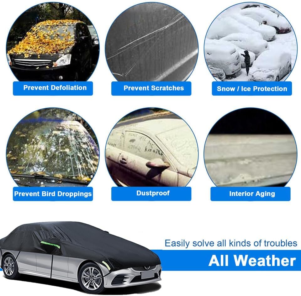 Universal Half Car Cover Waterproof All Weather, Black Car Covers for Automobiles Outdoor Indoor for All Season Waterproof Dustproof Uv Resistant Snowproof Fit for Sedan