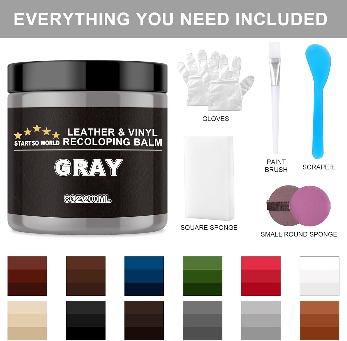 STARTSO WORLD Gray Leather Recoloring Balm, Leather Repair Kit for Furniture,Couches & Car Seats, Leather Paint, Leather Color Restorer, Leather Scratch Remover
