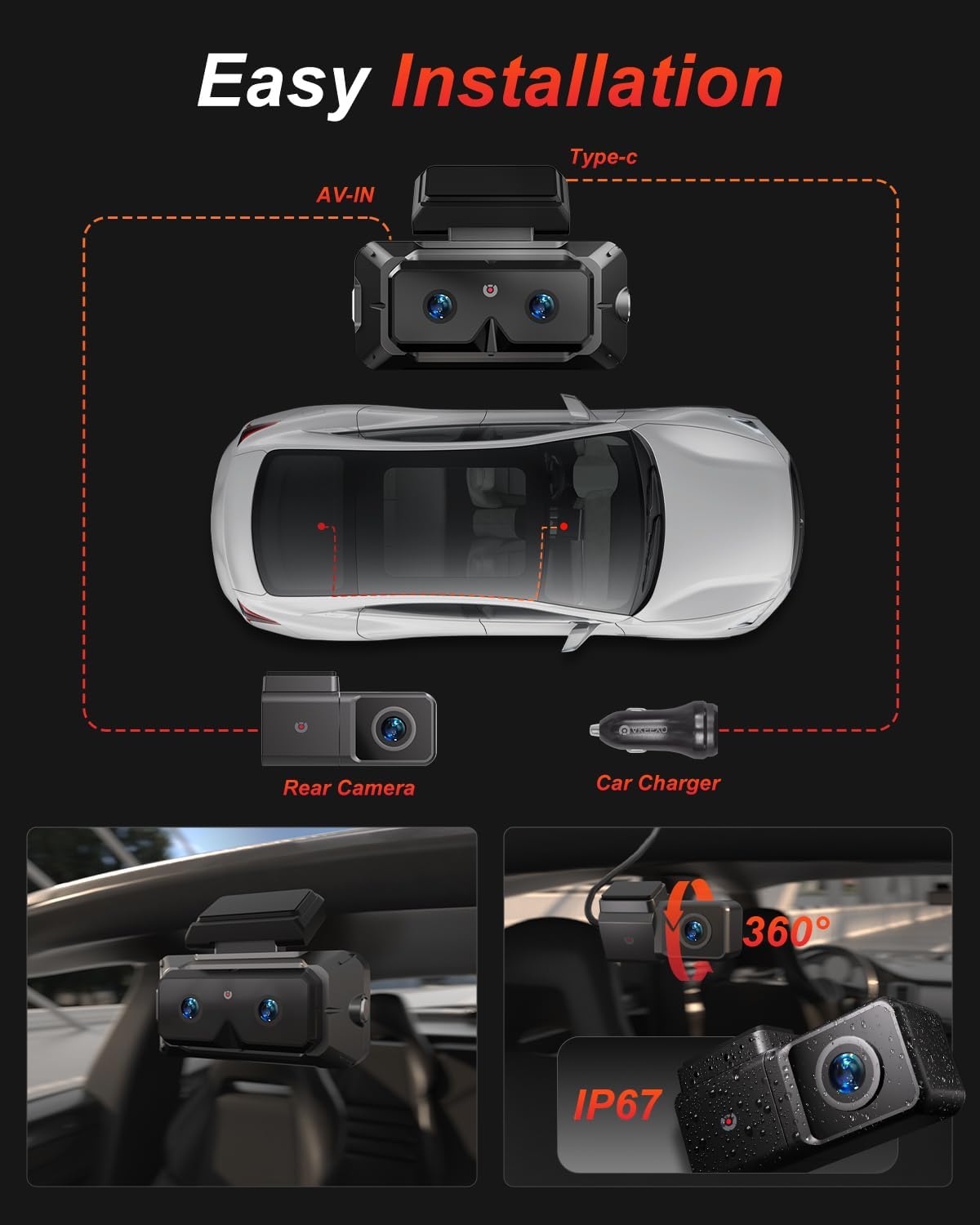 AKEEYO 3-Channel Dash Cam Front and Rear, Industry-First Telephoto Lens for 50M License Plate Capture, 2K Triple Lens Car Camera,5GHz WiFi,AI ADAS & BSD Blind Spot Detection,24H Parking Mode,64GB Card