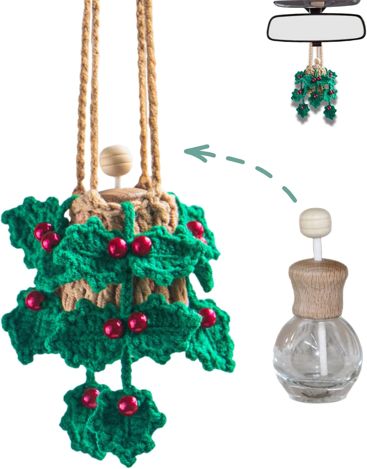 ROFIGL Handmade Crochet Hanging Car Air Freshener - Lucky 4-Leaf Clover Charm with 12ml Refillable Glass Essential Oil Diffuser Bottle, St. Patrick's Day Car Accessories & Bedroom Lucky Decor