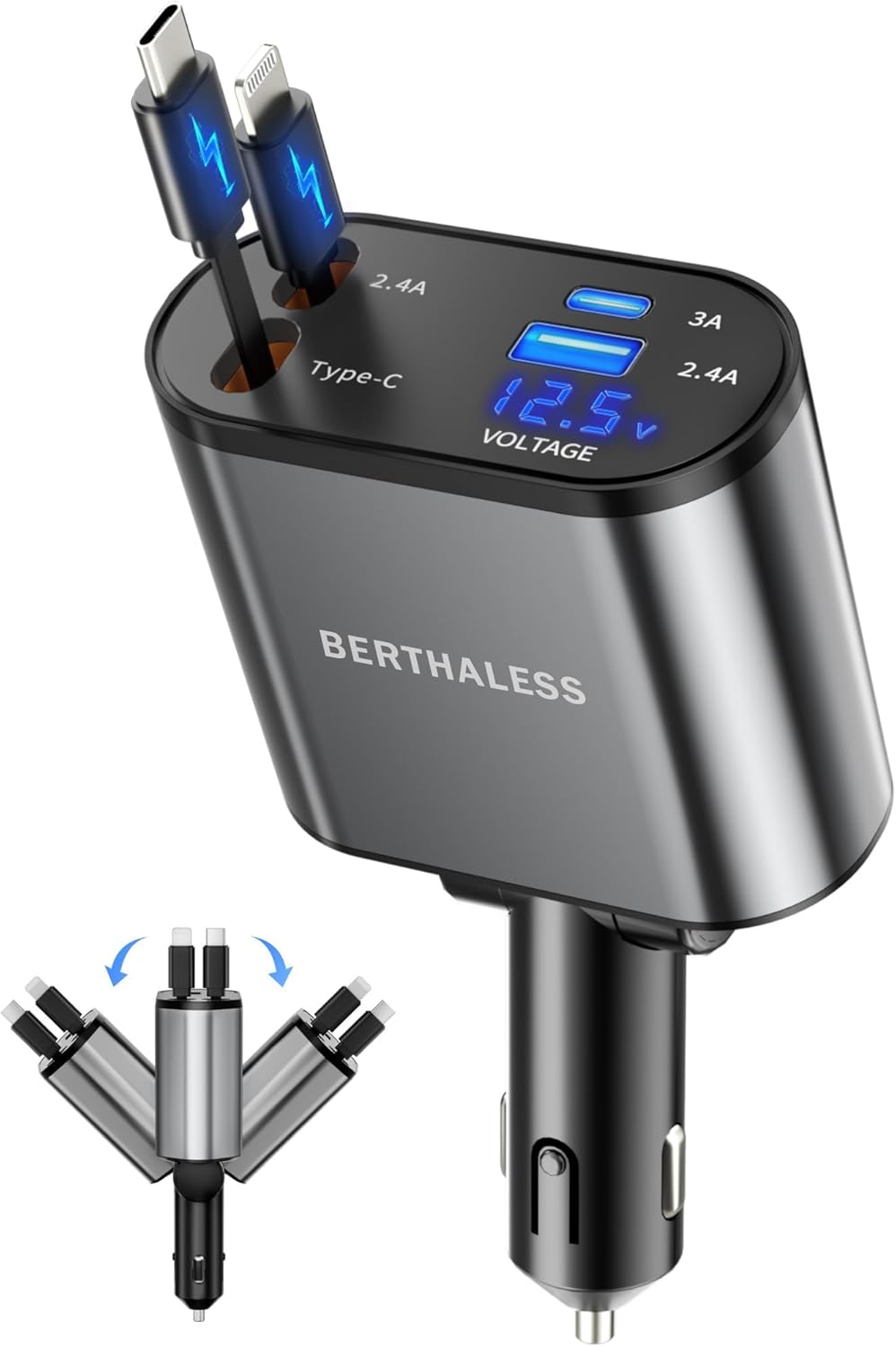 Retractable Car Charger, 4-in-1 Fast Charger with USB-C & USB-A