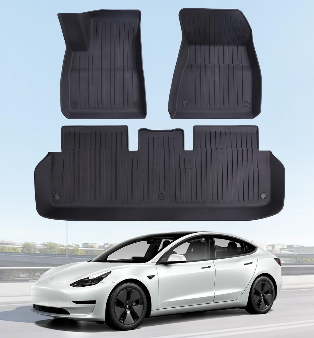 2025 New Version Floor Mats for Tesla Model 3 Highland - Custom Fit All Weather TPE Front & Rear Row Mats, 3-Piece