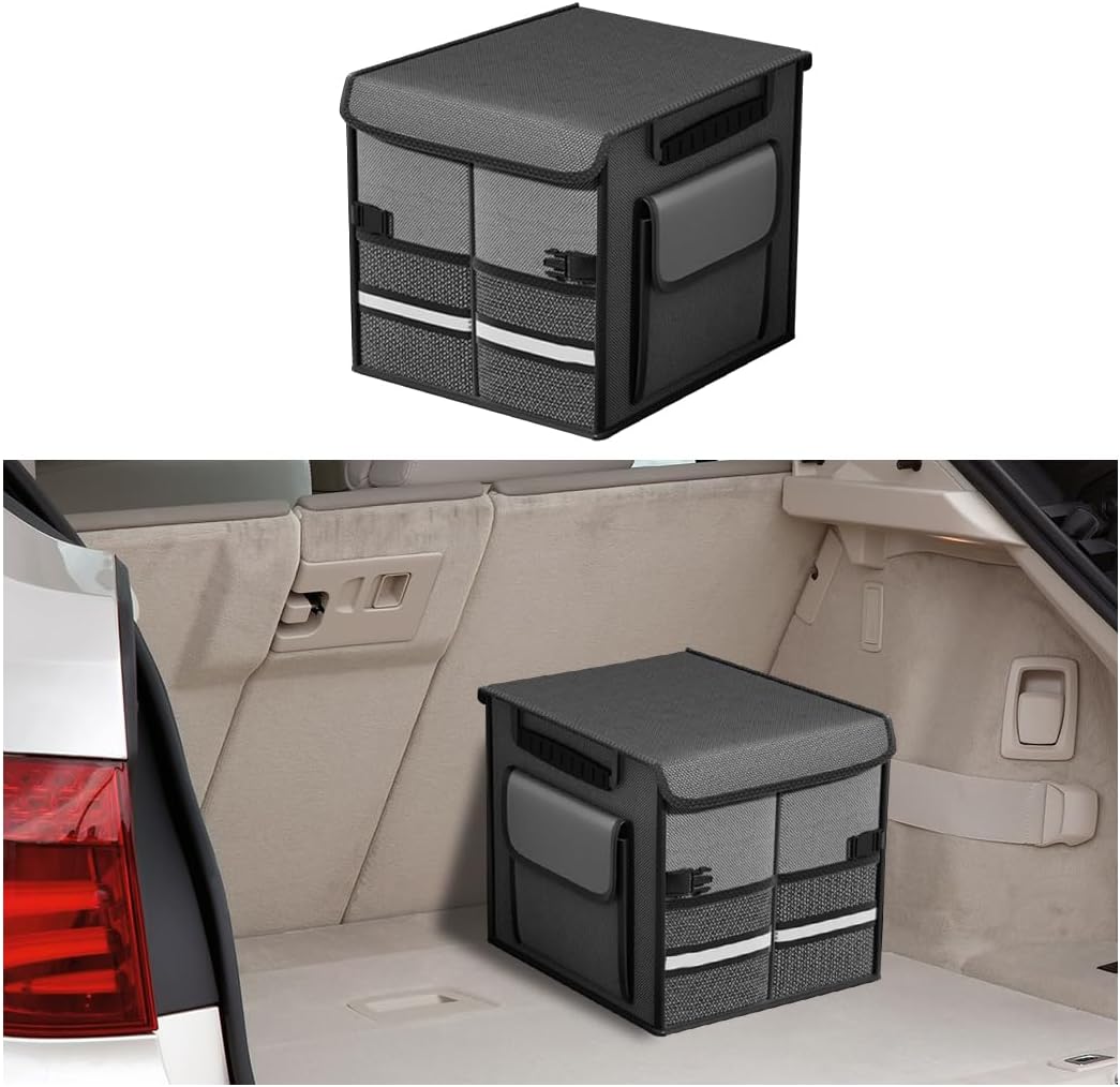 HZEL Car Trunk Organizer with Lid, Foldable Slip Resistant Multi-Compartment Vehicle Cargo Storage Box, Collapsible Waterproof Automotive Trunk Organizer, Universal for SUV Van Truck (Orange)