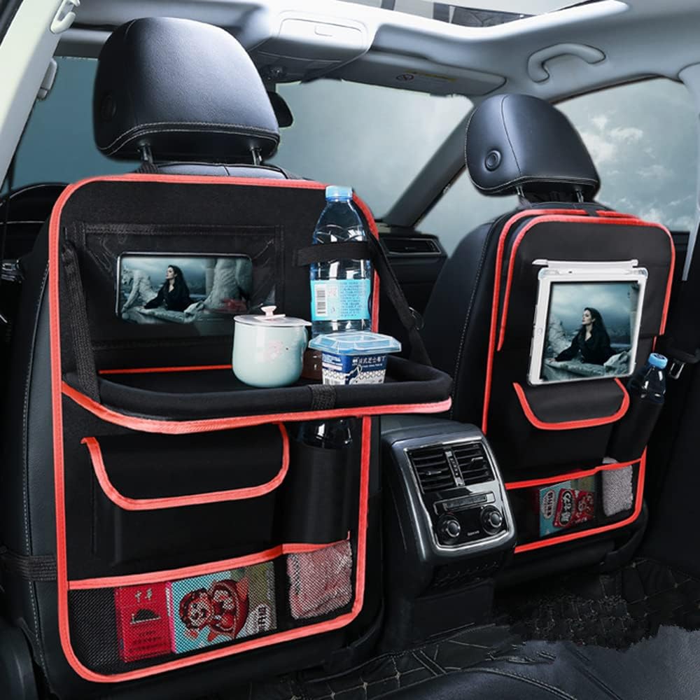 Tumecos Car Seat Back Organizer, 2 Pack Back Seat Organizers and Storage with Touch Screen Tablet Holder, Kick Mats, Back Seat Protector (black)