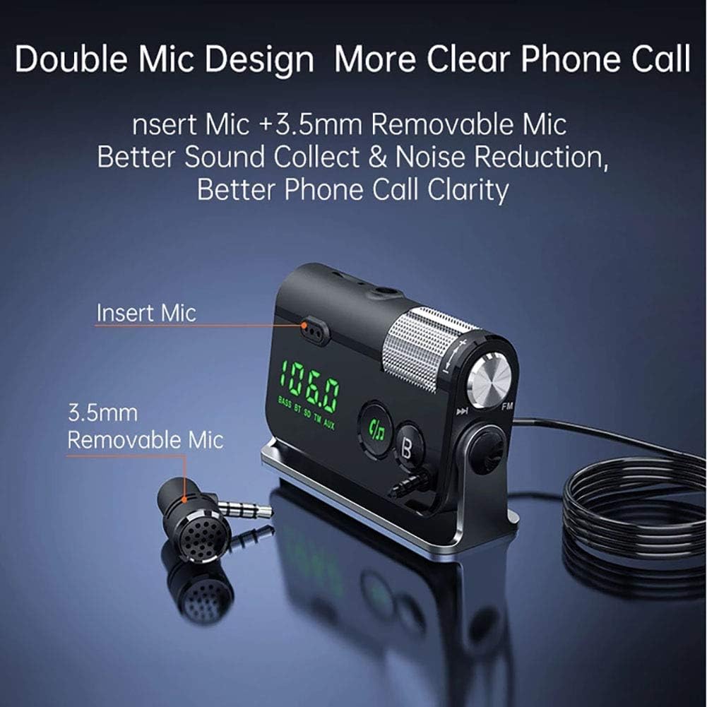 Bluetooth Car Adapter, Blutu para Carros with 2 Microphones & QC3.0 +Type-C PD 18W HiFi Bass Supports Hands-Free Calling, Siri Google Assistant, TF Card AUX Output