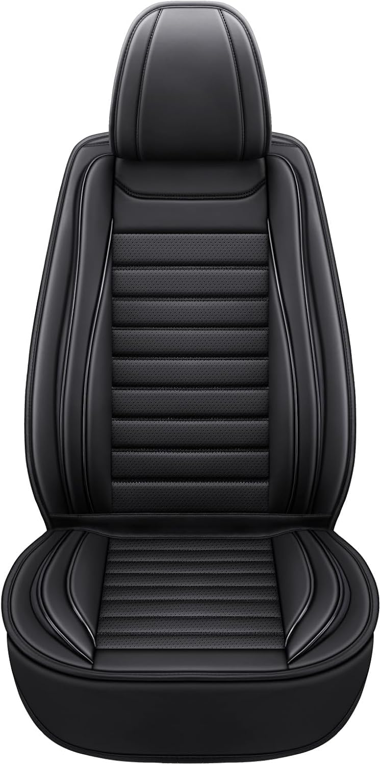 MINGBRON Black Car Seat Cover with Lumbar Support, Car Seat Protector Waterproof, Nappa Leather Car Seat Cushion, Car Seat Covers Front Seats and Back Fit for Most Cars
