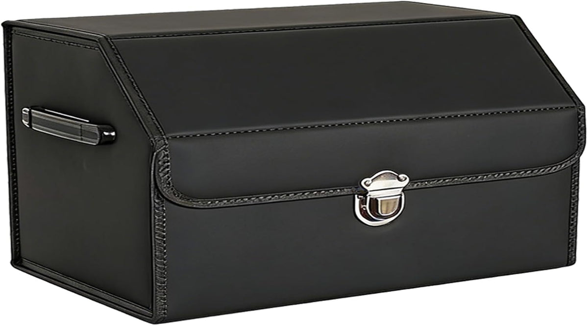 Leather Storage Box Car Trunk Organizer with Lid, Foldable PU Leather Cargo Storage Bin for SUV Sedan Truck, Portable Auto Organizer for Grocery Tool Storage, Black 29.5" L*12.2" W*11.8" H