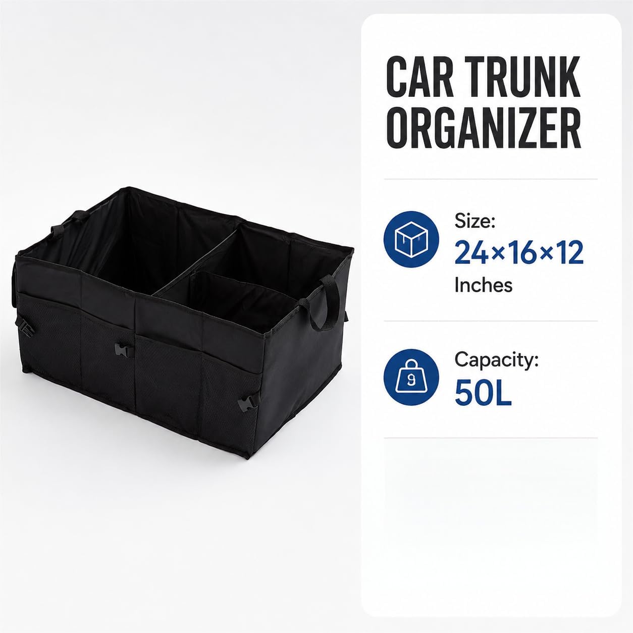 Collapsible Car Trunk Organizer with Leak-Proof Base, Adjustable Sections | Folds flat. Waterproof Oxford fabric, leak-proof base. Fits sedans, SUVs, trucks. Organizador maletero plegable