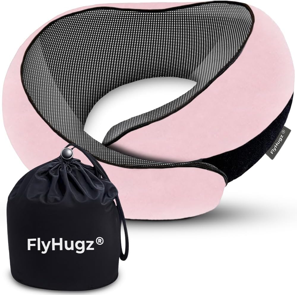 FlyHugz® Neck Travel Pillow Memory Foam Neck Pillow for Comfort on Airplane Compact and Ergonomic Design for Travel, Car Rides, and Home Use Ideal for Adults and Kids. (Leopard Print)