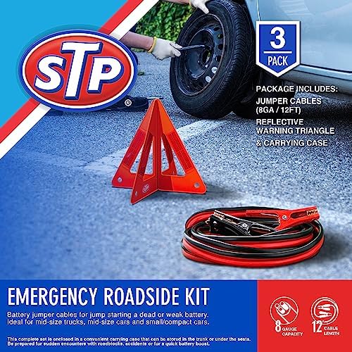 STP Jumper Cables for Car & Reflective Warning Triangle, 12-Foot 8-Guage Heavy Duty Jumper Cables to Jump Star Dead Batteries in Cars Trucks SUVs, Automotive Booster, Professional Vehicle Safety Kit