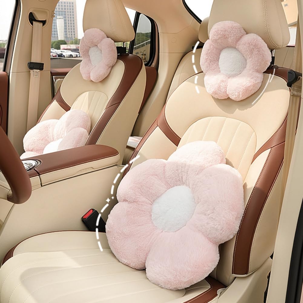 4 Pack Plush Flower Car Headrest Pillow and Lumbar Support Pillow Soft Comfortable Car Headrest Pillow Cute Car Accessories for Car Driving Cute Neck Pillows for Driving Car Decor