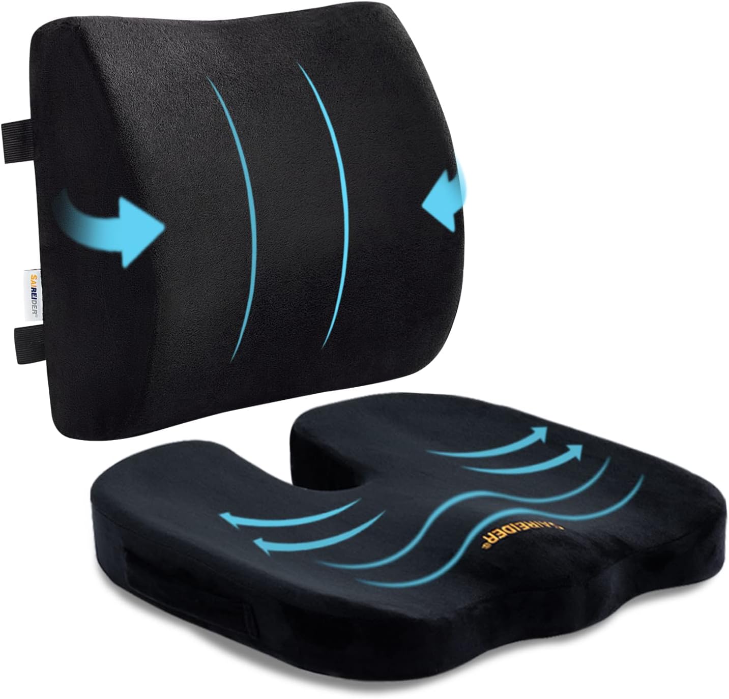 SAIREIDER Comfortable Lumbar Support Pillow for Office Chair, Memory Foam Back Support Pillows for Car、Gaming Chair、 Home Chair, Back Pain Relief Improve Posture, Double Adjustable Straps(Black)
