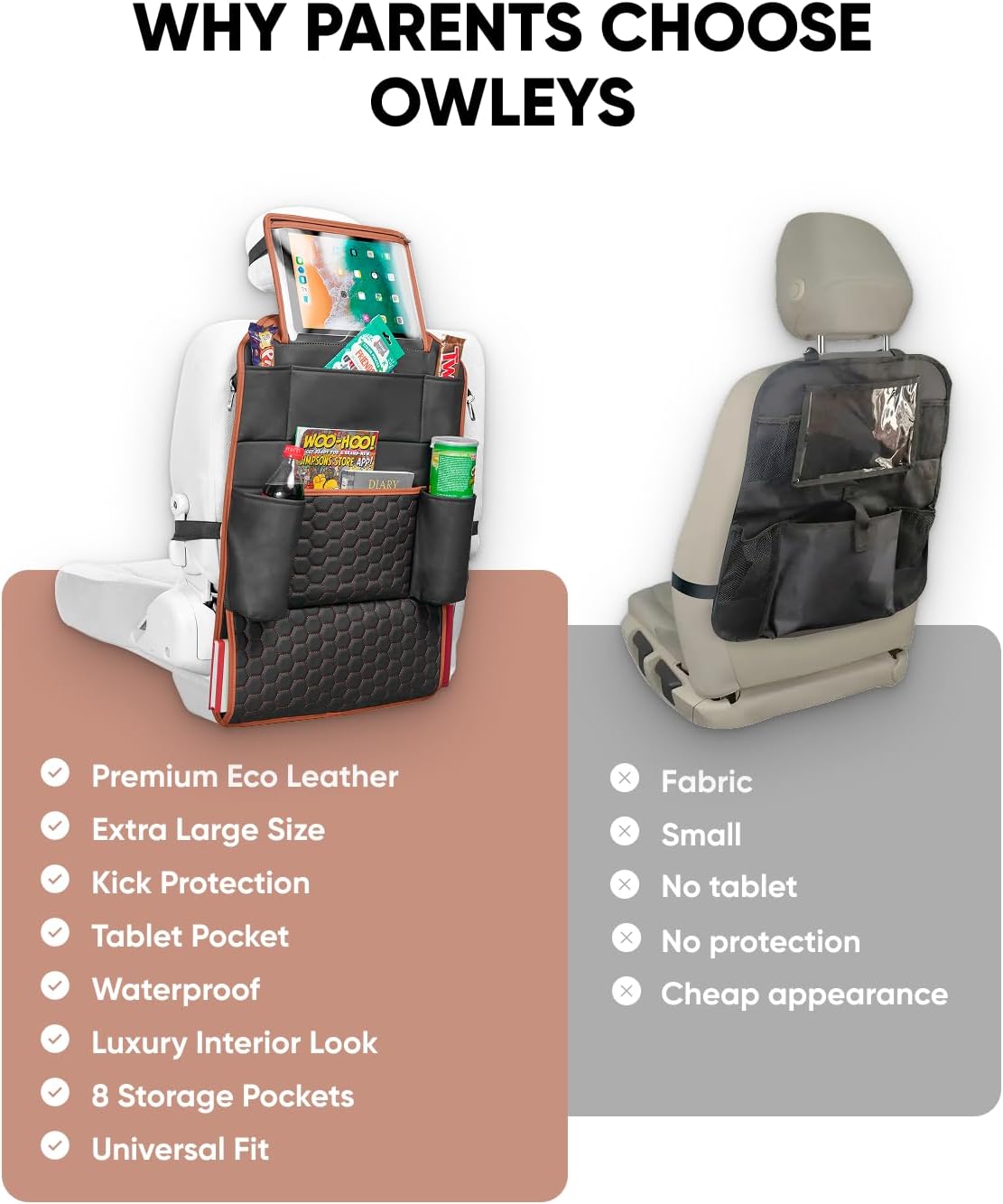 Owleys Back of Seat Organizer for Kids | Car Storage Caddy – 8 Pockets + Transparent Tablet Holder | Waterproof Eco-Leather | 27.5' x 18.5' | Brown+Black