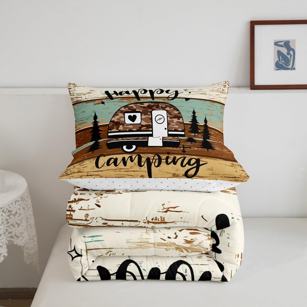 Manfei Rustic Adventure Camper Kids Comforter Set Twin Size,Happy Camping Farmhouse Cabin Lake House Bedding Set,Wooden Plank Pine Nature Quilt Comforter,Brown Retro Duvet Insert,1 Pillowcase